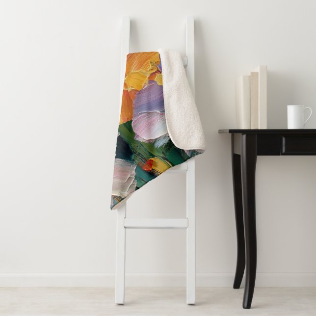 Couverture Sherpa Vibrant jet d'impasto floral peinture Couette Cozy (En situation)