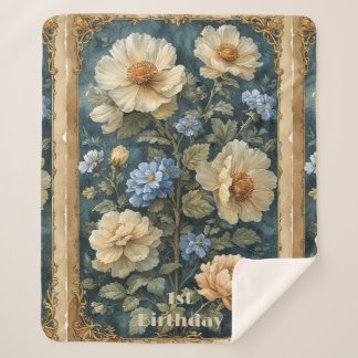 Couverture Sherpa Victorian Vintage Soft Ivory Peony English Garden 