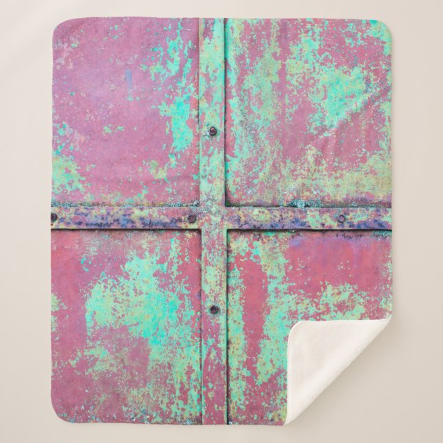 Couverture Sherpa Vieux mur peint en vert avec une texture rouille.  (Devant)