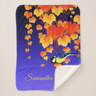 Couverture Sherpa Vigne de raisin d'automne Grand Tit Oiseau Orange