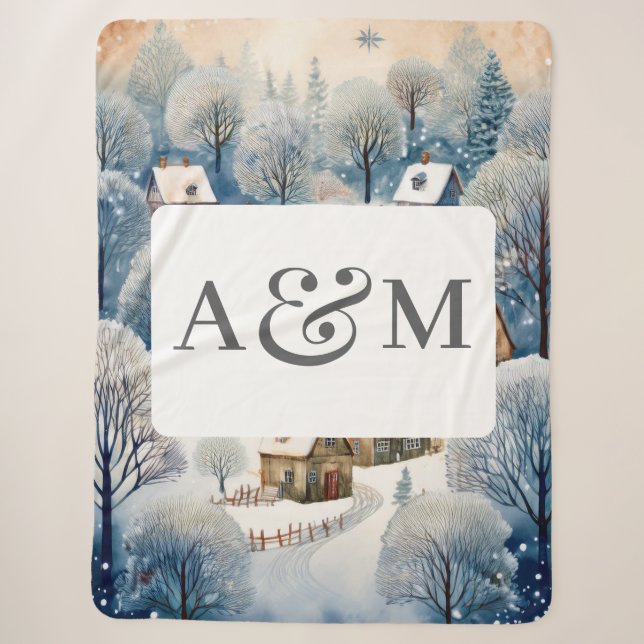 Couverture Sherpa Village d'hiver avec double monogramme (Devant)