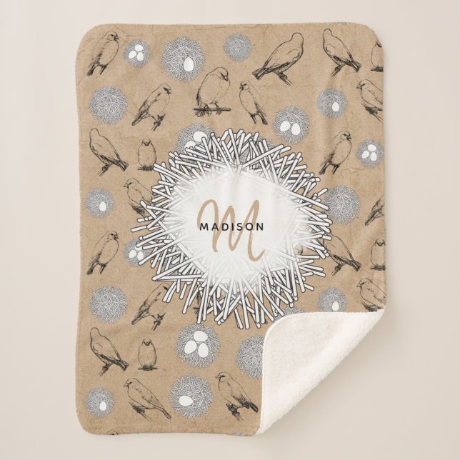 Couverture Sherpa Vintage Birds & Nid Rustic Kraft Brown (Devant)