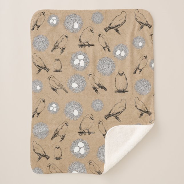 Couverture Sherpa Vintage Birds & Nid Rustic Kraft Brown (Devant)