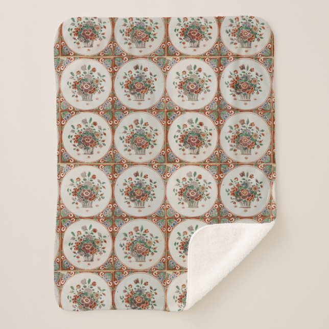 Couverture Sherpa Vintage Floral Terracotta Carreaux Motif (Devant)