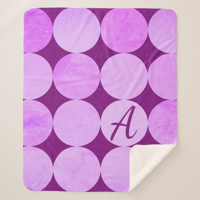 Couverture Sherpa Violet, Violet Magenta et Cercles roses Monogramme (Devant)