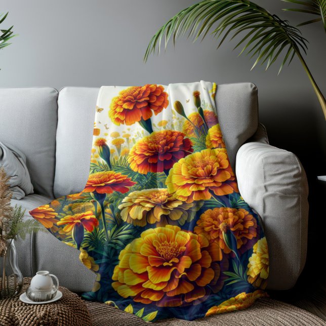 Couverture Sherpa Vivid Marigolds Floral (Marigold Flowered Sherpa Fleece Blanket Medium Size)
