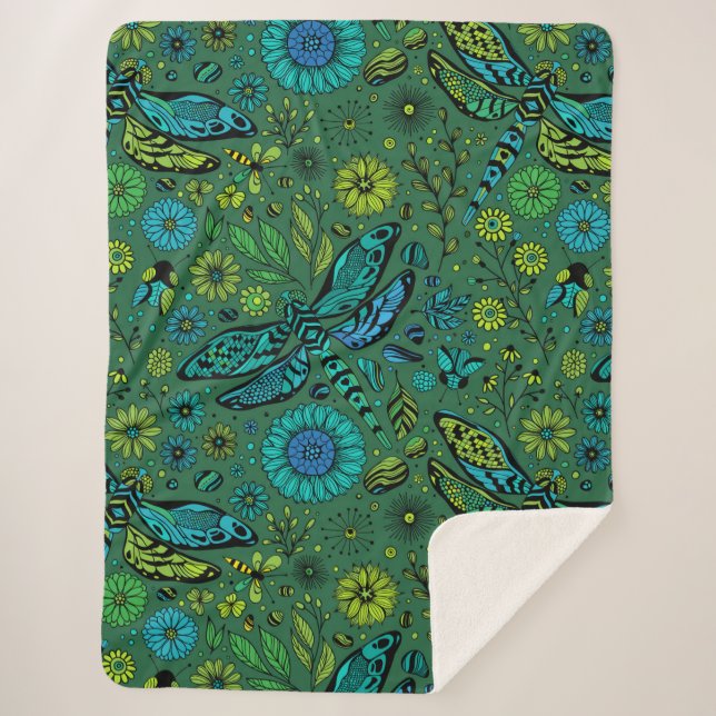 Couverture Sherpa Voler, voler la libellule sur le vert émeraude (Devant)