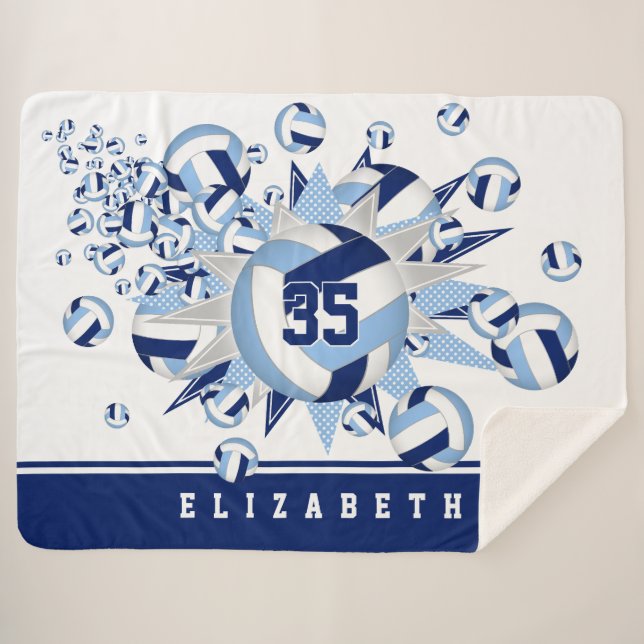 Couverture Sherpa volleyballs bleu clair étoiles filles nom (Devant (Horizontal))