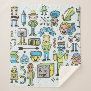Couverture Sherpa Wacky hipsters doodle set 2. Colorful vintage hand
