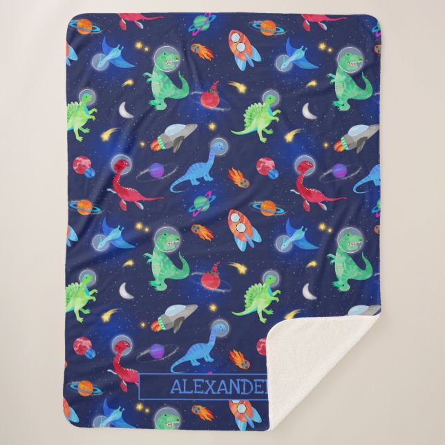 Couverture Sherpa Watercolor Dinosaur Astronauts In Space Blue (Devant)