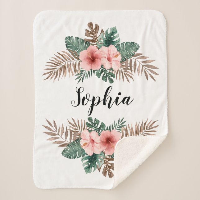Couverture Sherpa Watercolor Tropical Floral Wreath Custom Text  (Devant)