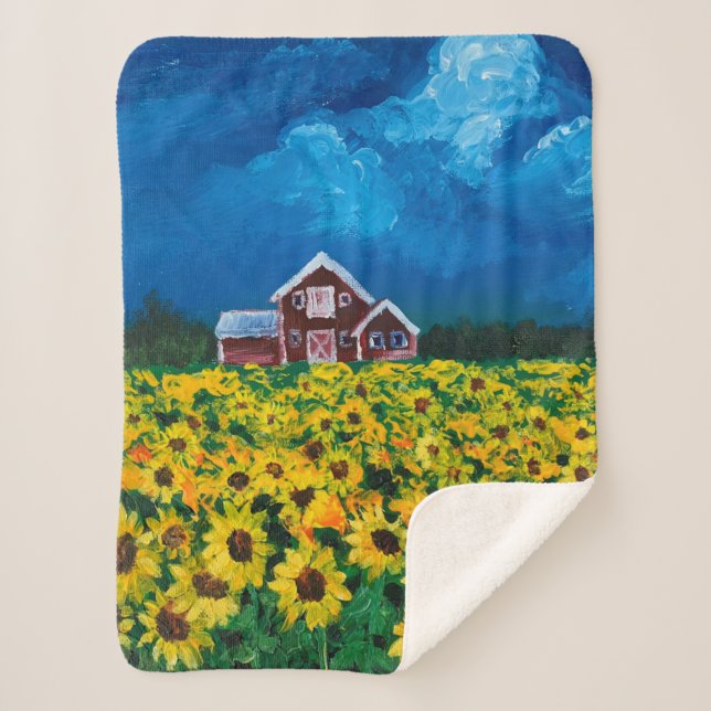 Couverture Sherpa western country red barn summer sunflower field (Devant)