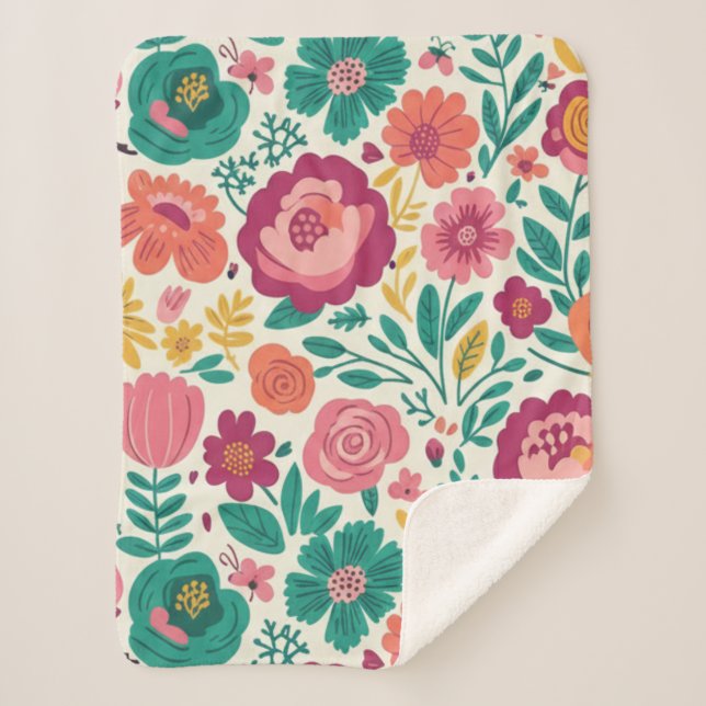 Couverture Sherpa Whimsical Bold Blooms Retro Floral Pattern (Devant)