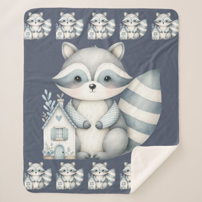 Couverture Sherpa Whimsical Raccoon Night Woodland Cottage Scene (Devant)