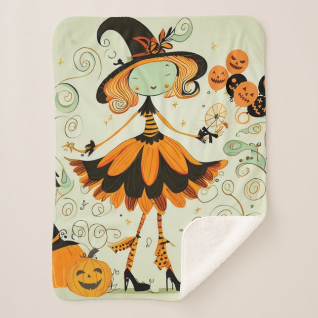 Couverture Sherpa whimsical/sorcière/citrouille/chute (Devant)