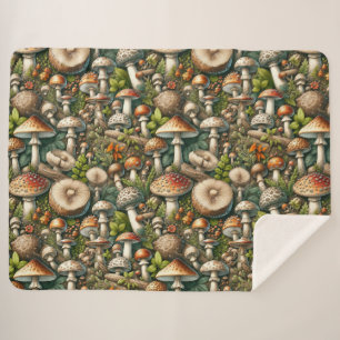 Couverture Sherpa Whispering Woods : Motif de champignons sans soudu