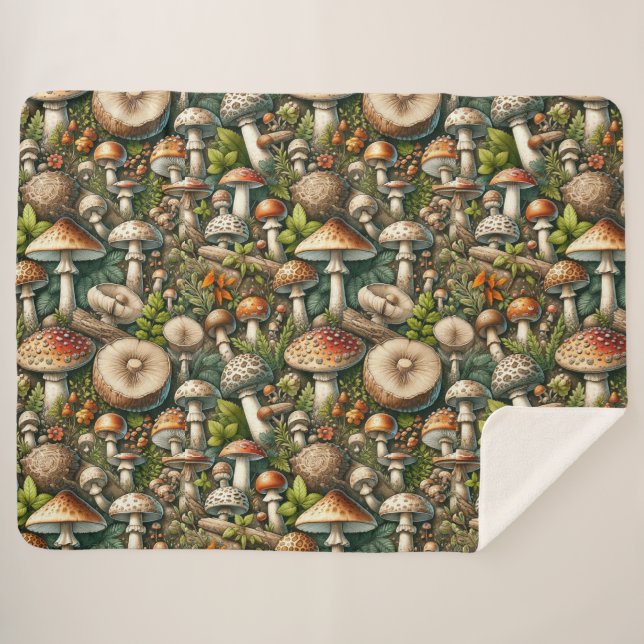 Couverture Sherpa Whispering Woods : Motif de champignons sans soudu (Devant (Horizontal))