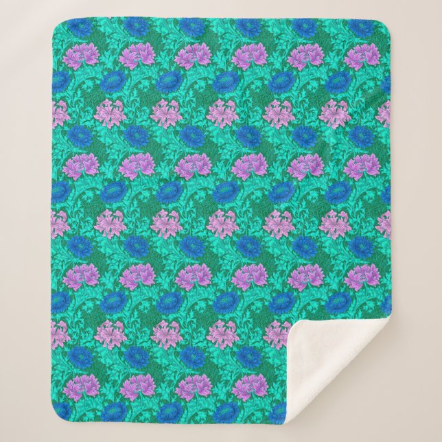 Couverture Sherpa William Morris Chrysanthèmes, Aqua et Violet (Devant)