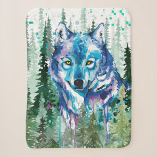 Couverture Sherpa Wolf Sherpa Blanket Loup d'aquarelle colorée