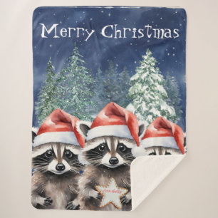 Couverture Sherpa Woodland Raccoon Joyeux Noël Personnalisé