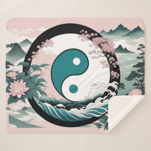 Couverture Sherpa Yin Yang, Floral Montagne Rose Sage Turquoise