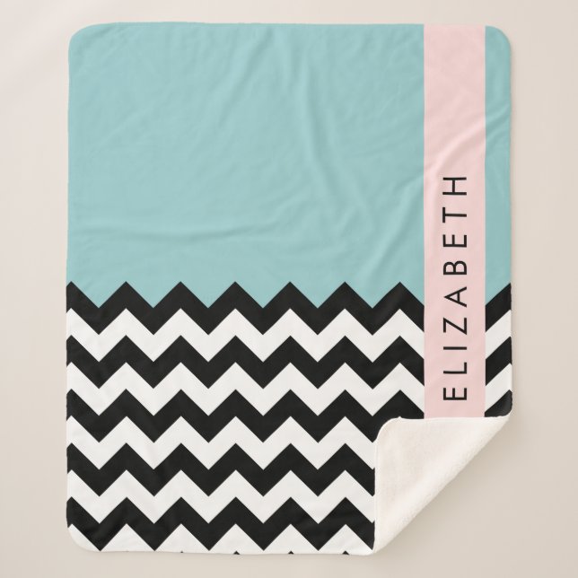 Couverture Sherpa Zigzag noir et blanc, Chevron, Bleu, Votre nom (Devant)