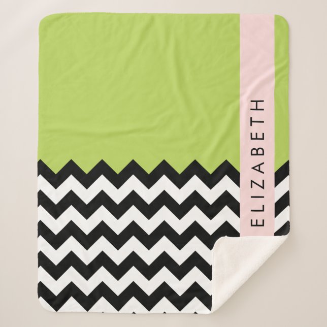Couverture Sherpa Zigzag noir et blanc, Chevron, Vert, Votre nom (Devant)