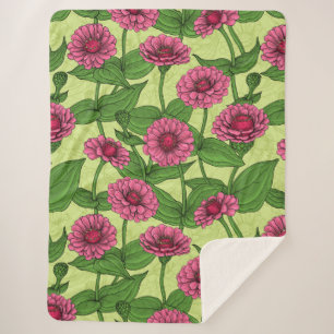 Couverture Sherpa Zinnias rose sur vert clair