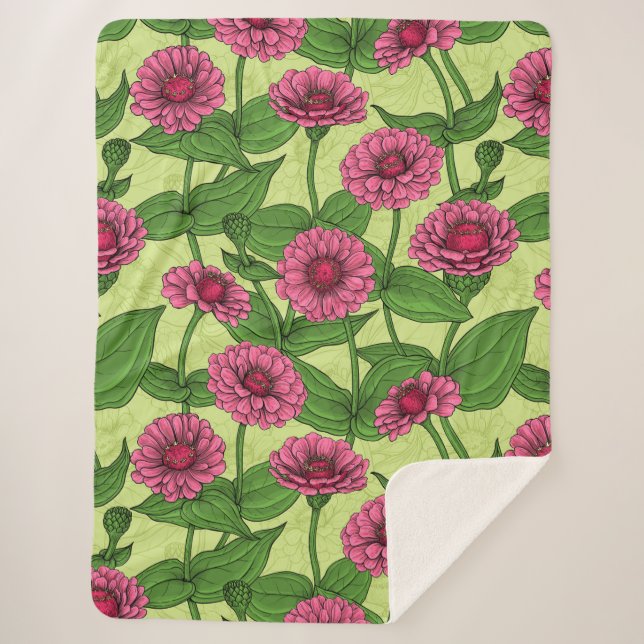 Couverture Sherpa Zinnias rose sur vert clair (Devant)