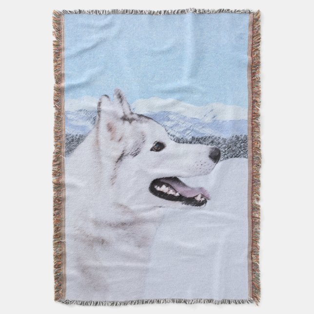 Couverture Sibérie Husky (argent et blanc) Peinture Chien Art (devant Vertical)