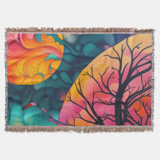 Couverture silhouette d'arbre sous pleine lune rose et or (Devant)
