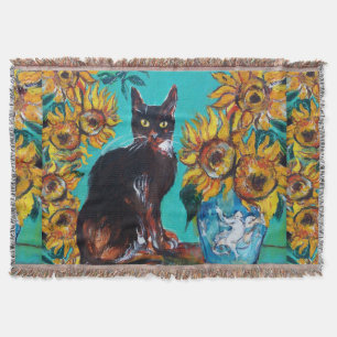 COUVERTURE SOUCHES AVEC CHAT NOIR EN TURQUOISE BLEUE