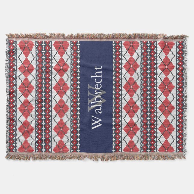 Couverture Style nordique Fair Isle Jacquard Rouge et Bleu (Devant)