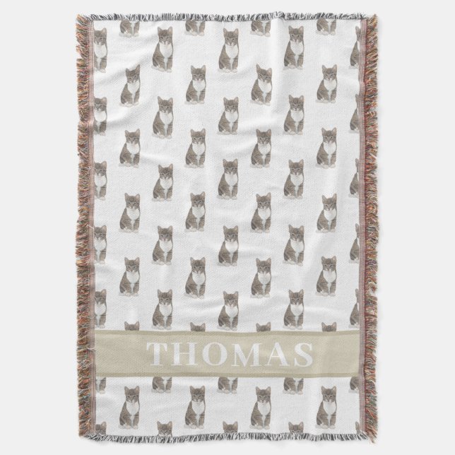 Couverture Tabby Cat personnalisé (Gris) Tan & Blanc (devant Vertical)