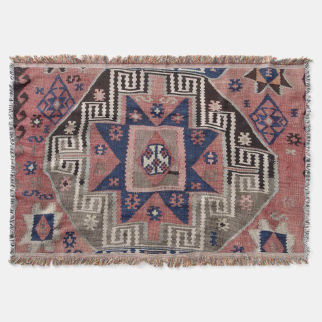 Couverture Tapis Kilim Oriental Antique Bleu  Rouge (Devant)