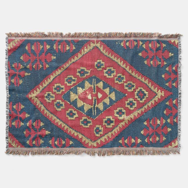 Couverture Tapis Kilim Turc Antique Rouge Bleu (Devant)