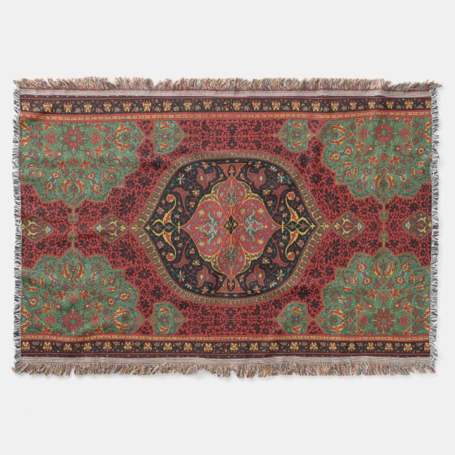Couverture Tapis persan vintage motif rouge vert arabesque (Devant)