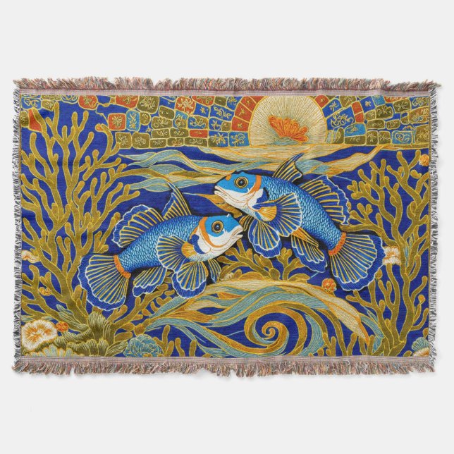 Couverture Tapisserie de style rétro Poisson Mandarin bleu (Devant)