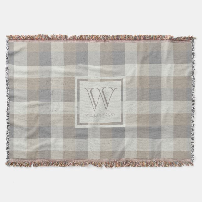 Couverture Tartan Rustique Monogramme Gris Beige Neutre (Devant)