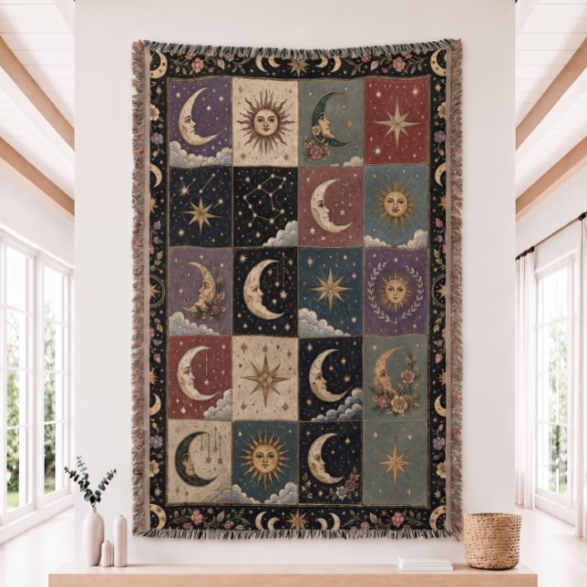 Couverture tissée patchwork Soleil et Lune (Créateur téléchargé)