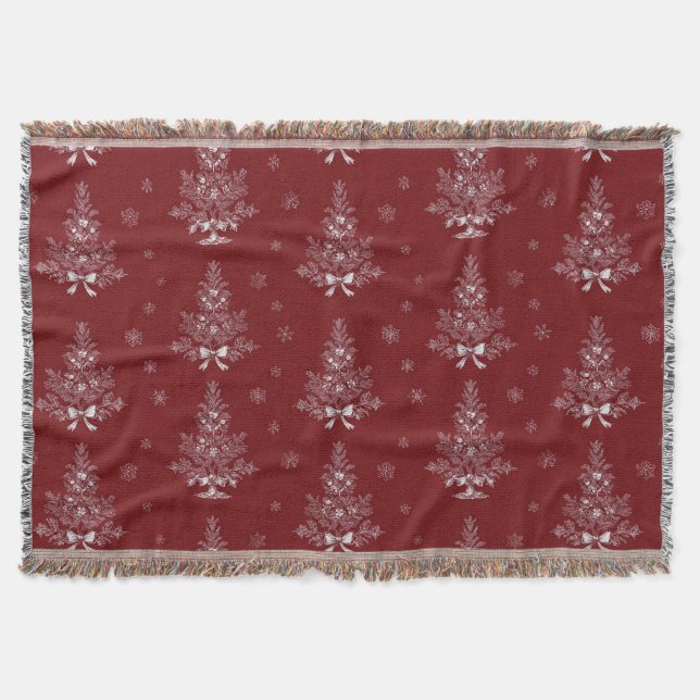 Couverture Toile De Jouy Coquette Rouge Feuillage de Noël (Devant)