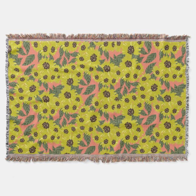 Couverture Tournesol Floral Dessiné à la Main Vert Jaune (Devant)