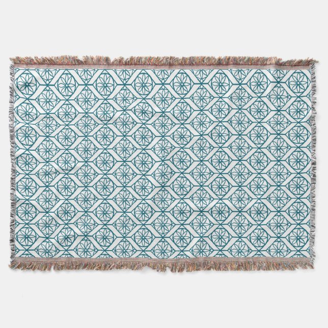 Couverture Turquoise sur Motif ethnique blanc, Fleurs, Chevro (Devant)