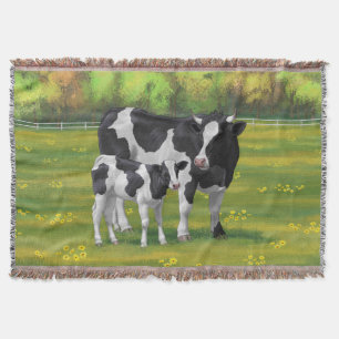Couverture Vache Holstein et veau mignon en pâturage d'été