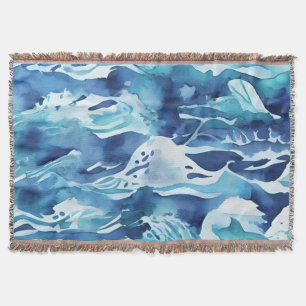 Couverture Vagues océaniques Aquarelle sarcelle Bleu aqua