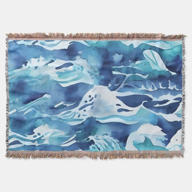Couverture Vagues océaniques | Aquarelle sarcelle Bleu aqua (Devant)