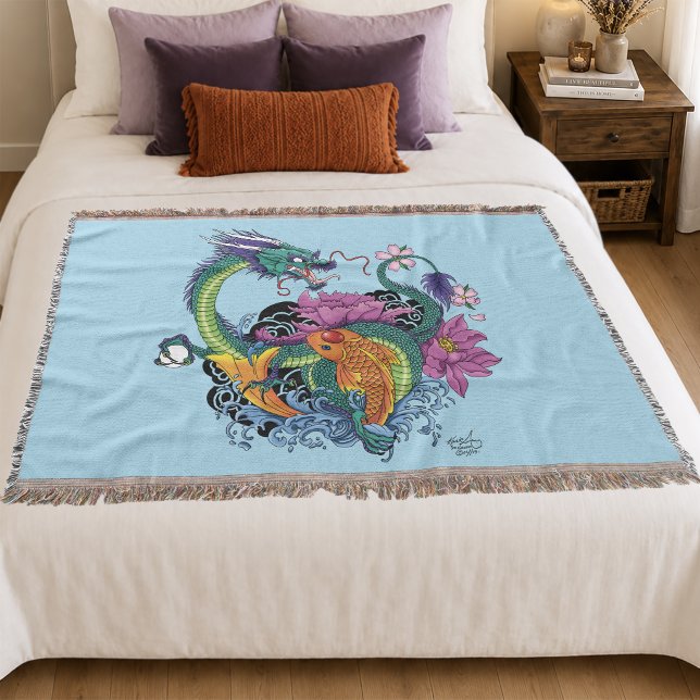 Couverture Vibrant sarcelle Dragon Koi Lotus Fleur Orientale (Créateur téléchargé)