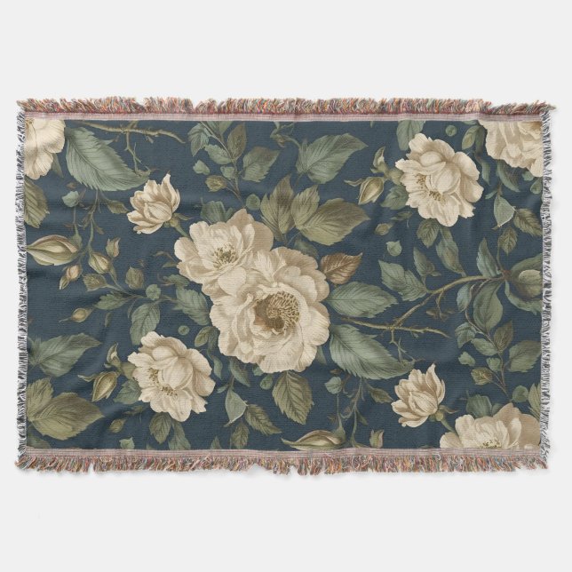 Couverture Victorian Navy & Cream Floral Botanical Blanket (Devant)