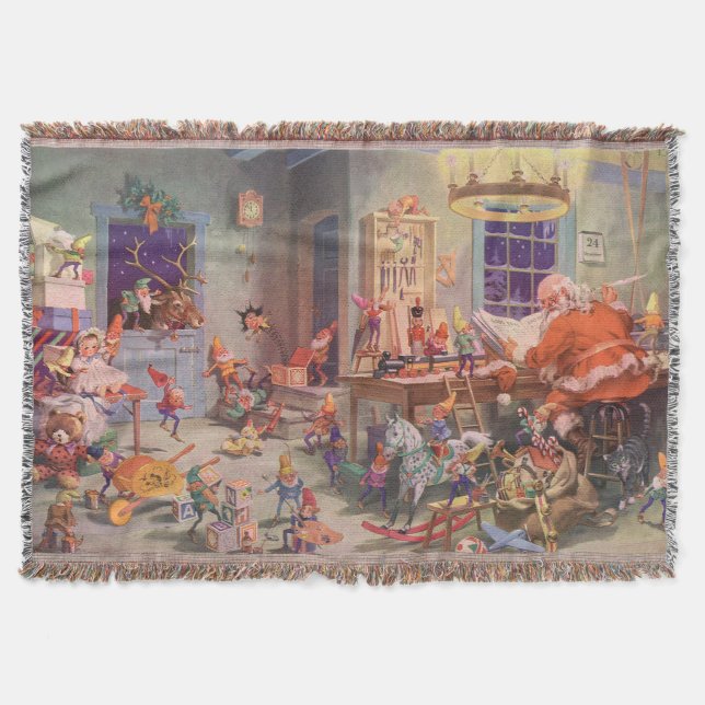 Couverture Vintage Noël, Santa Claus avec Elves Atelier (Devant)