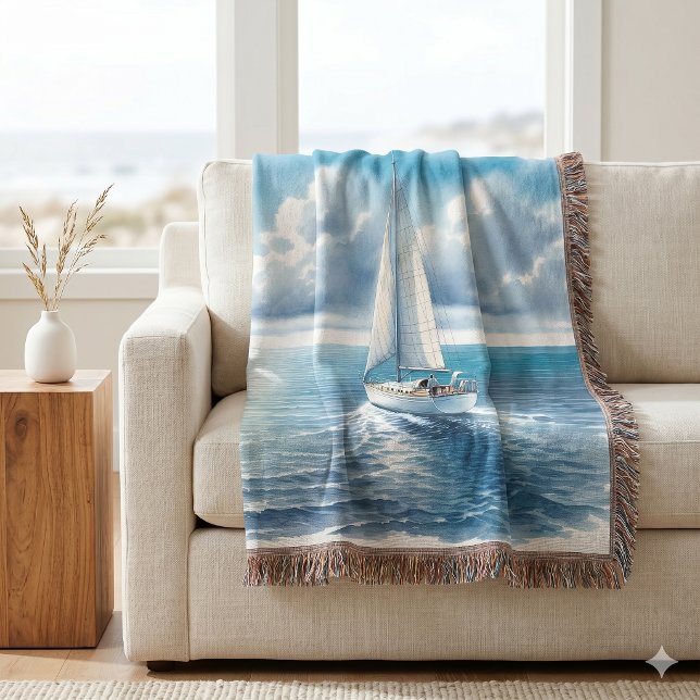 Couverture Voilier Solitaire Blue Horizon (Blue Horizon Solitary Sailboat Throw Blanket)